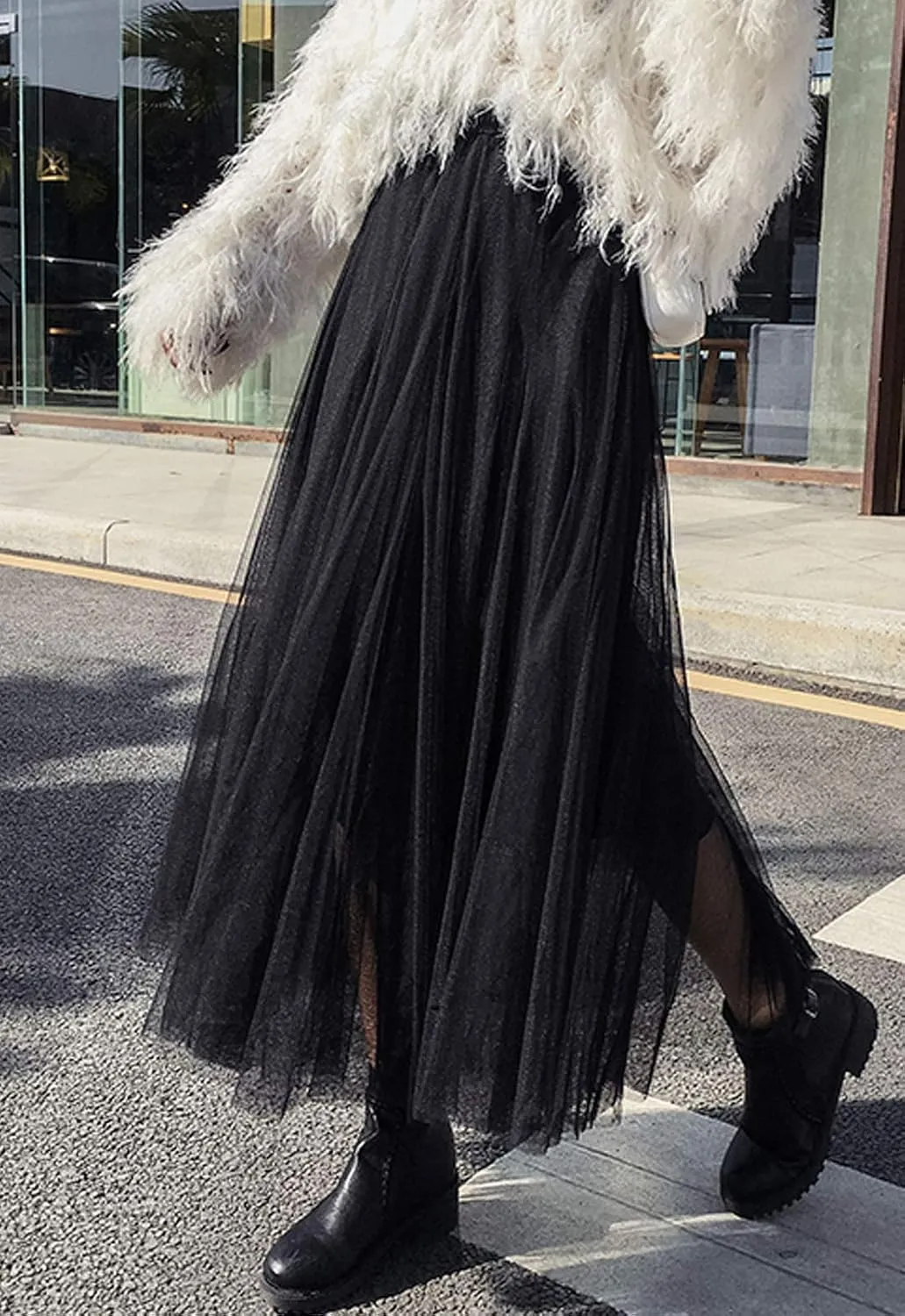 Flygo Women's High Waist A-Line Tulle Long Midi Skirt Princess Tutu Party Skirts