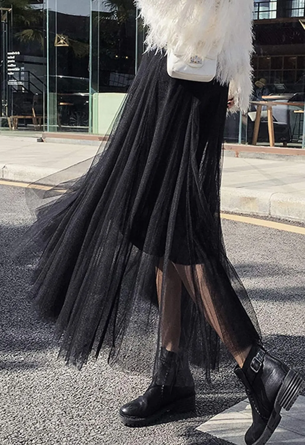Flygo Women's High Waist A-Line Tulle Long Midi Skirt Princess Tutu Party Skirts