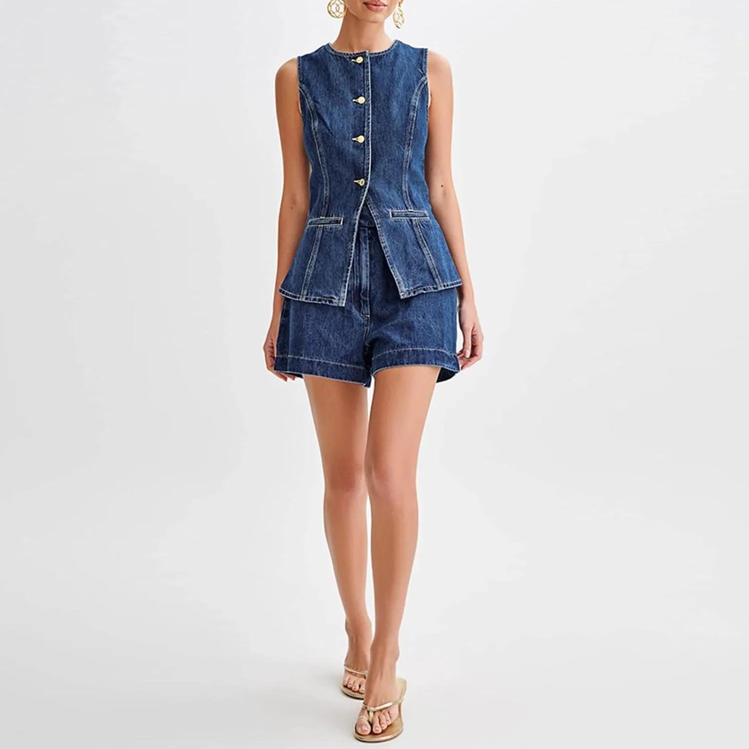FOMOYUU Women'S Denim Long Vest Tops Crew Neck Front Button Slit Slim Denim Waistcoat Sleeveless Jean Jacket Streetwear