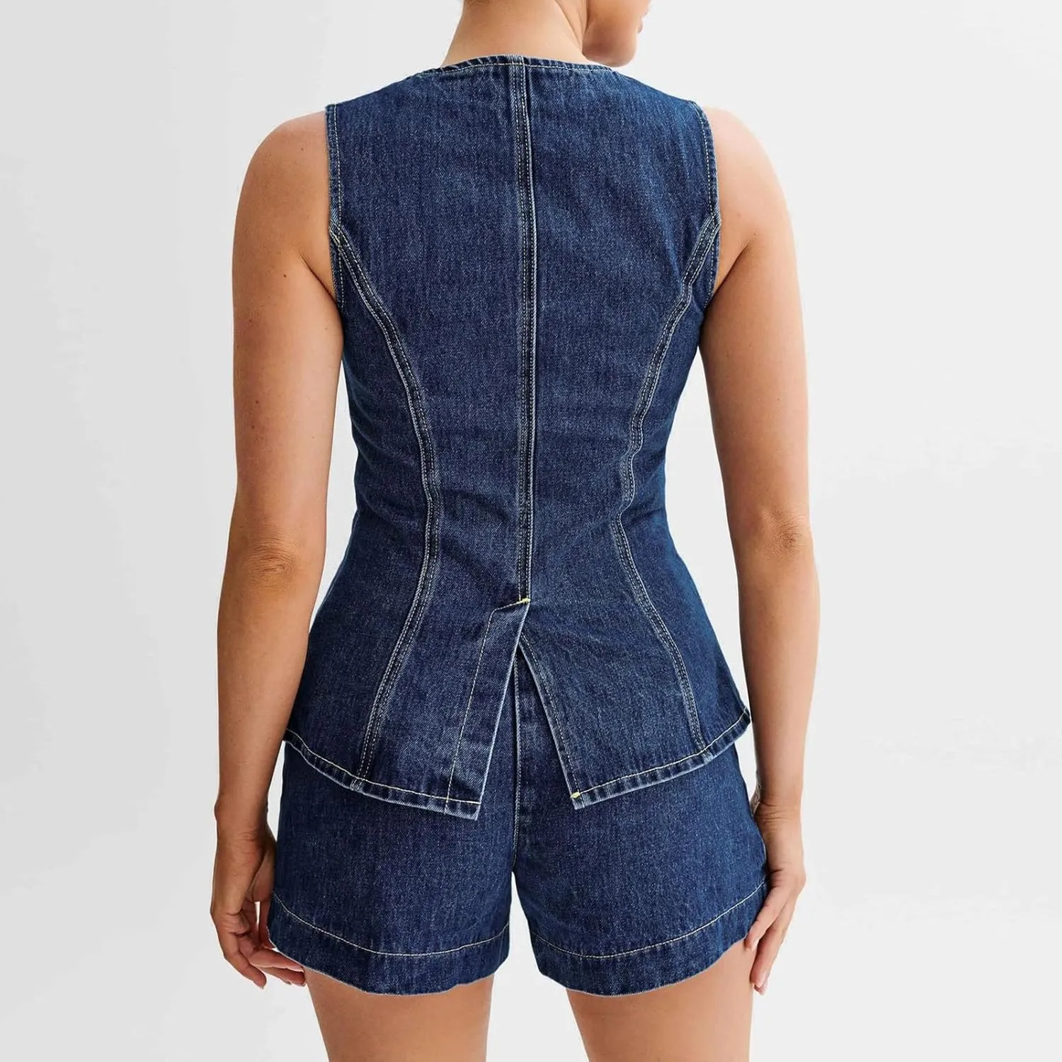 FOMOYUU Women'S Denim Long Vest Tops Crew Neck Front Button Slit Slim Denim Waistcoat Sleeveless Jean Jacket Streetwear