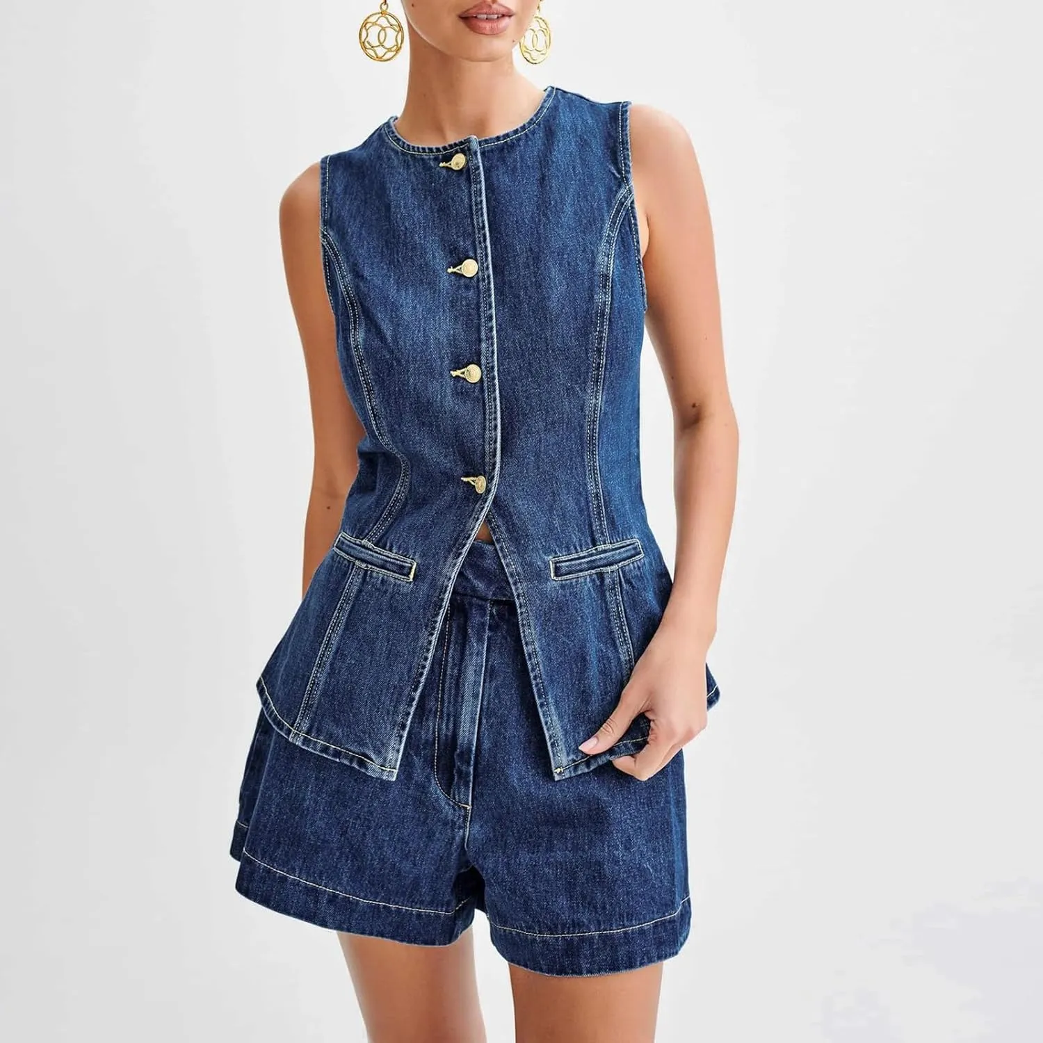 FOMOYUU Women'S Denim Long Vest Tops Crew Neck Front Button Slit Slim Denim Waistcoat Sleeveless Jean Jacket Streetwear