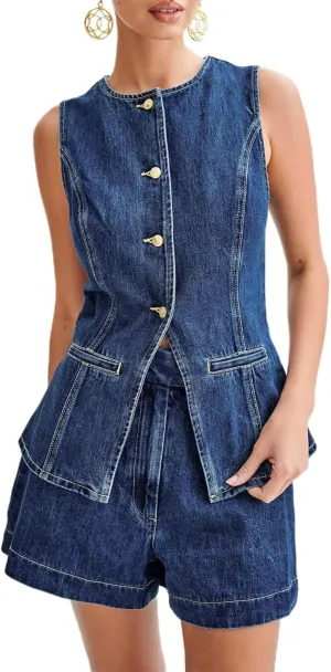 FOMOYUU Women'S Denim Long Vest Tops Crew Neck Front Button Slit Slim Denim Waistcoat Sleeveless Jean Jacket Streetwear