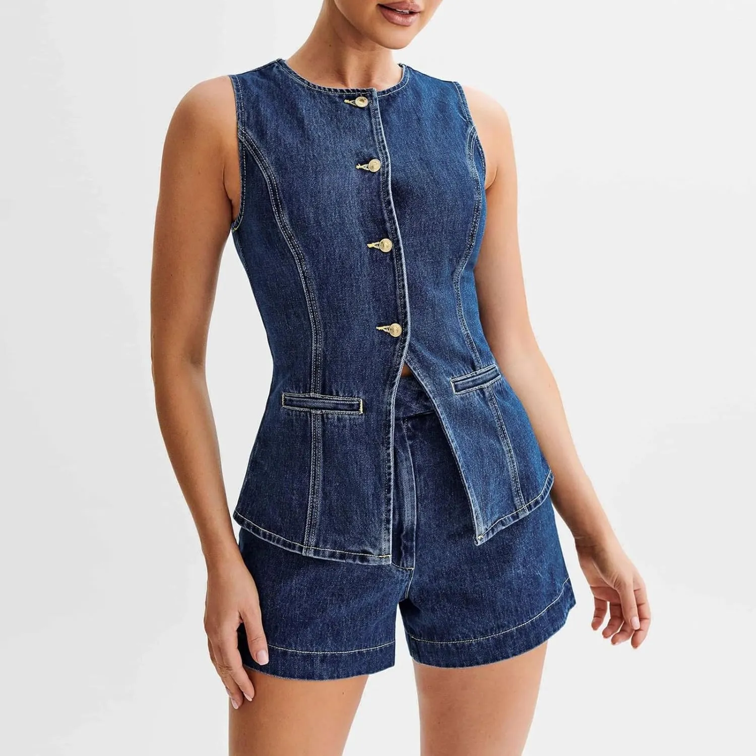 FOMOYUU Women'S Denim Long Vest Tops Crew Neck Front Button Slit Slim Denim Waistcoat Sleeveless Jean Jacket Streetwear