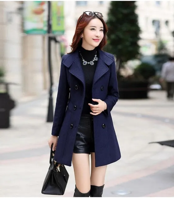 FTLZZ Women Wool Blend Warm Long Coat Plus Size Female Slim Fit Lapel Woolen Overcoat Autumn Winter Cashmere