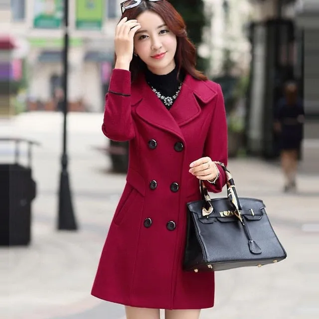 FTLZZ Women Wool Blend Warm Long Coat Plus Size Female Slim Fit Lapel Woolen Overcoat Autumn Winter Cashmere
