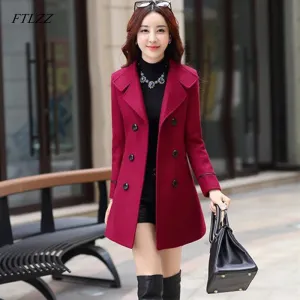 FTLZZ Women Wool Blend Warm Long Coat Plus Size Female Slim Fit Lapel Woolen Overcoat Autumn Winter Cashmere
