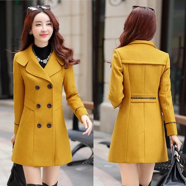 FTLZZ Women Wool Blend Warm Long Coat Plus Size Female Slim Fit Lapel Woolen Overcoat Autumn Winter Cashmere