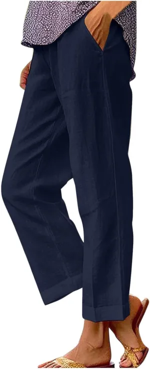 FZYLQY Cotton Linen Pants for Women Summer Elastic Waist Crop Pants Plus Size Straight Leg Slack Casual Trousers with Pocket