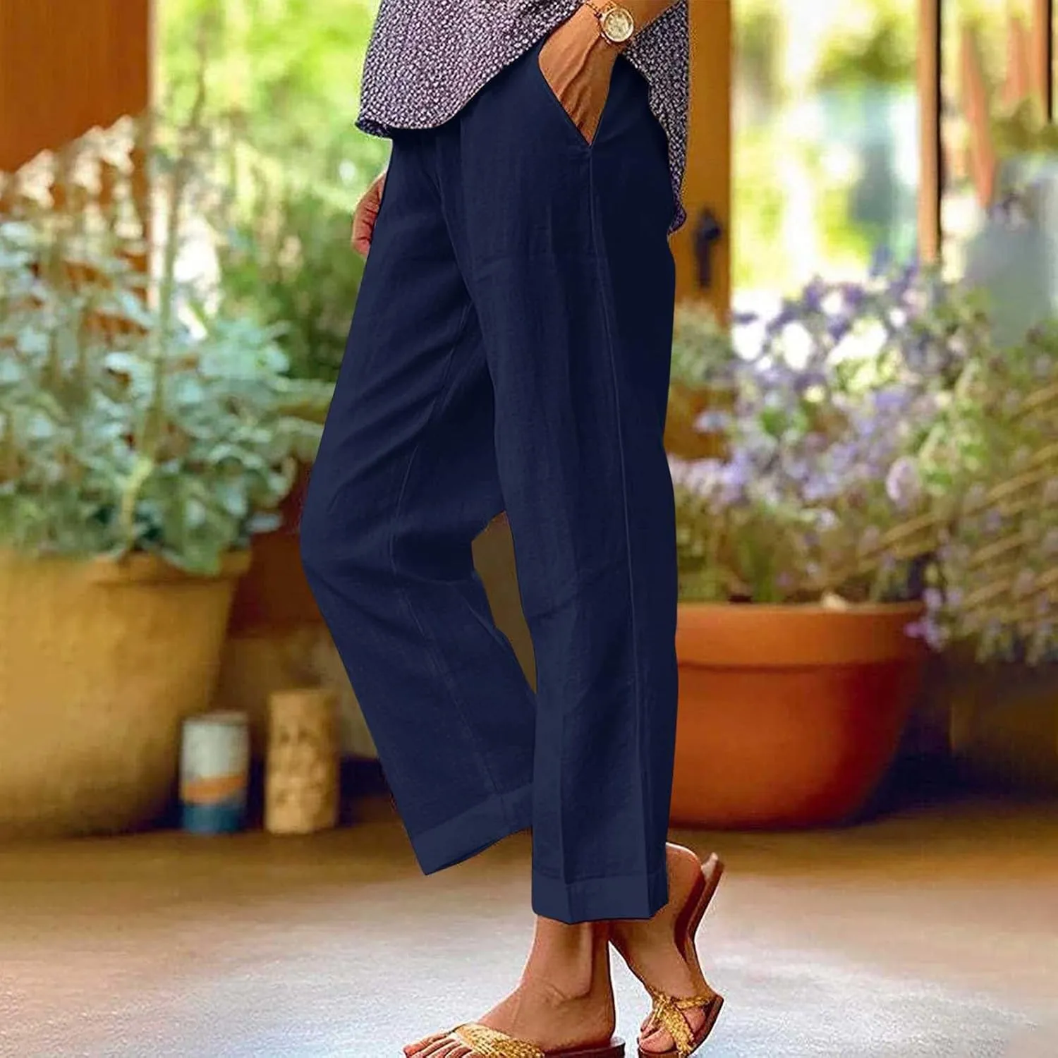 FZYLQY Cotton Linen Pants for Women Summer Elastic Waist Crop Pants Plus Size Straight Leg Slack Casual Trousers with Pocket