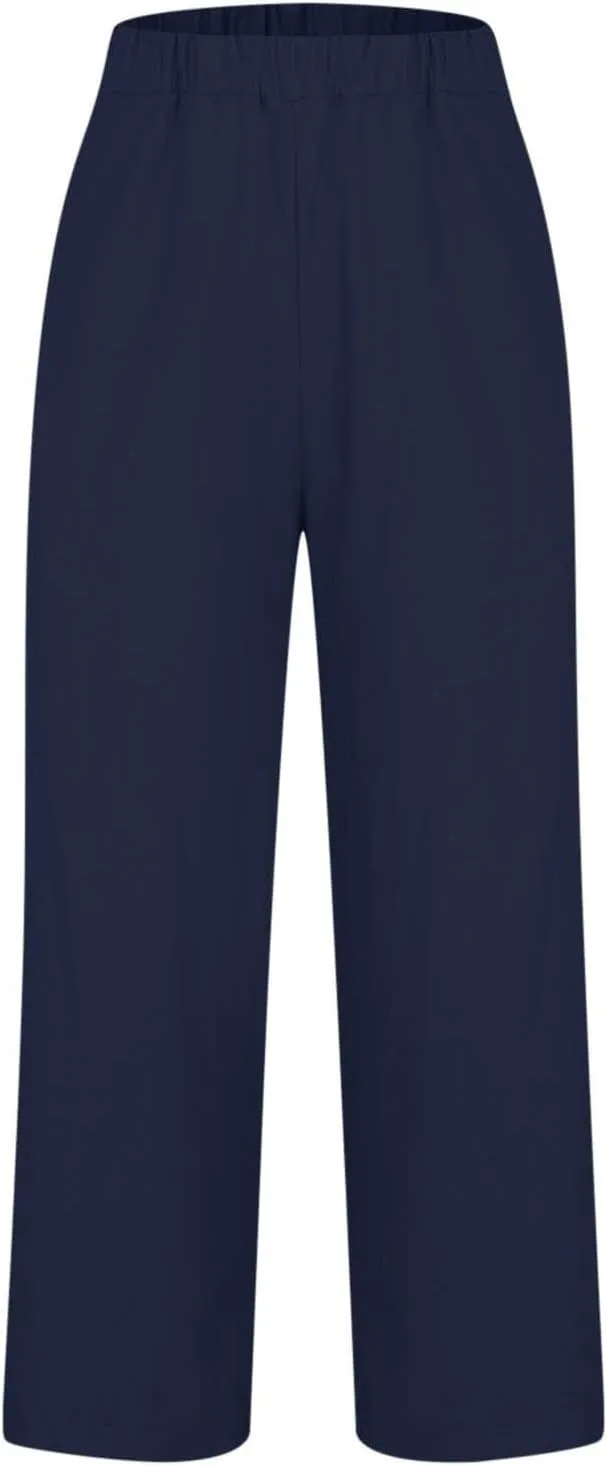 FZYLQY Cotton Linen Pants for Women Summer Elastic Waist Crop Pants Plus Size Straight Leg Slack Casual Trousers with Pocket