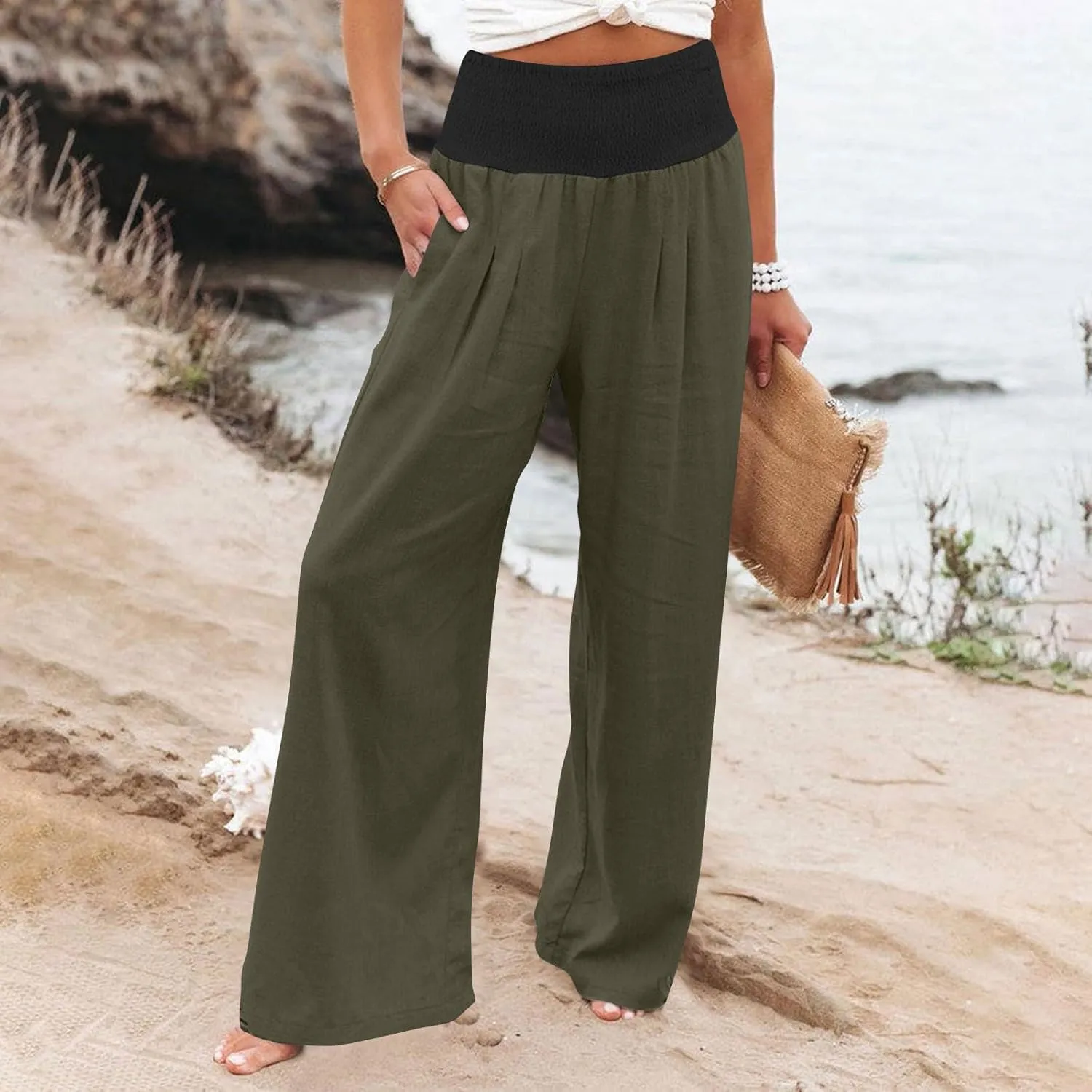 FZYLQY Womens Linen Pants 2025 Summer Loose Fit Comfy Casual Pants Colorblock Smocked Waist Beach Trouser Pants with Pockets