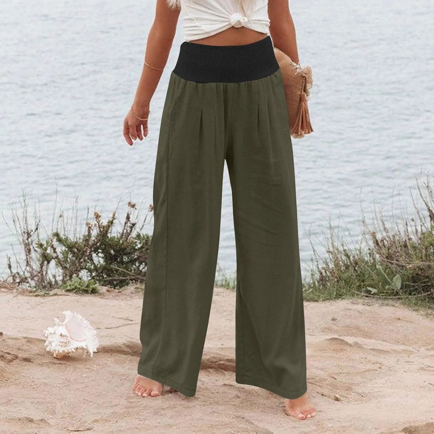 FZYLQY Womens Linen Pants 2025 Summer Loose Fit Comfy Casual Pants Colorblock Smocked Waist Beach Trouser Pants with Pockets