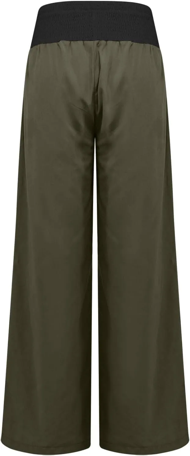 FZYLQY Womens Linen Pants 2025 Summer Loose Fit Comfy Casual Pants Colorblock Smocked Waist Beach Trouser Pants with Pockets