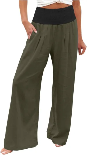 FZYLQY Womens Linen Pants 2025 Summer Loose Fit Comfy Casual Pants Colorblock Smocked Waist Beach Trouser Pants with Pockets