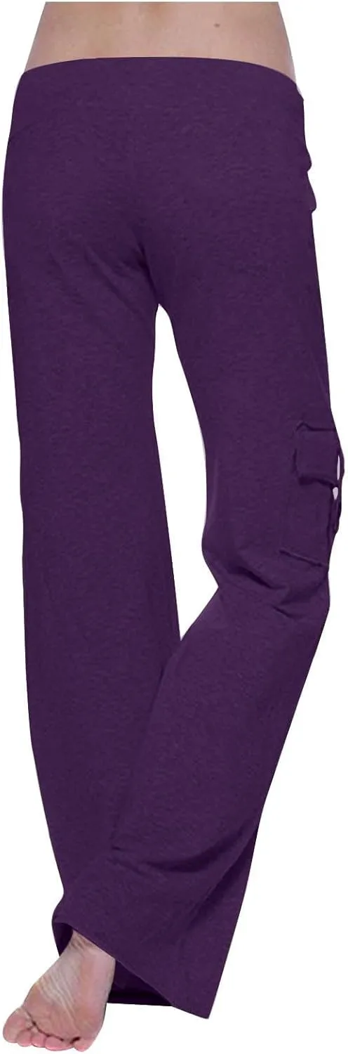 Gcvizuso High Waisted Cargo Pants for Women Drawstring Waist Wide Leg Trousers with Pockets Plus Size Solid Loose Leggings
