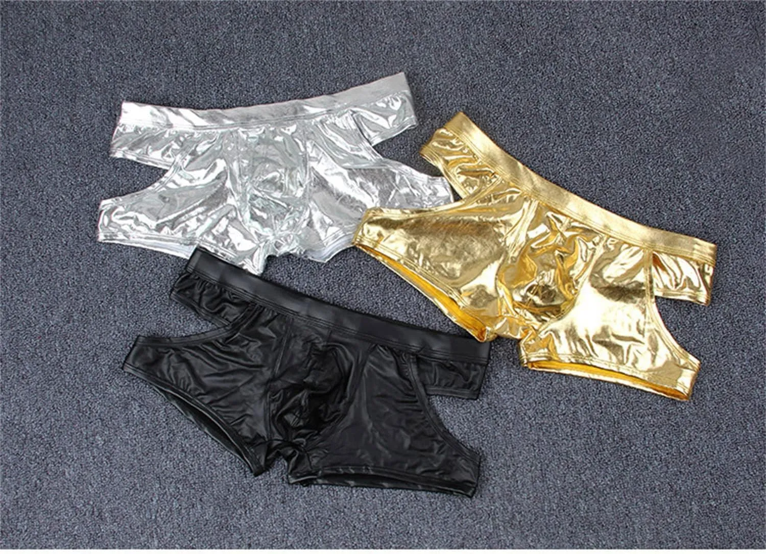 Generic Men's Faux Leather Boxer Briefs Hollowed Low Rise Metallic Underwear Clubwear Sexy U Convex Breathable Underwear
