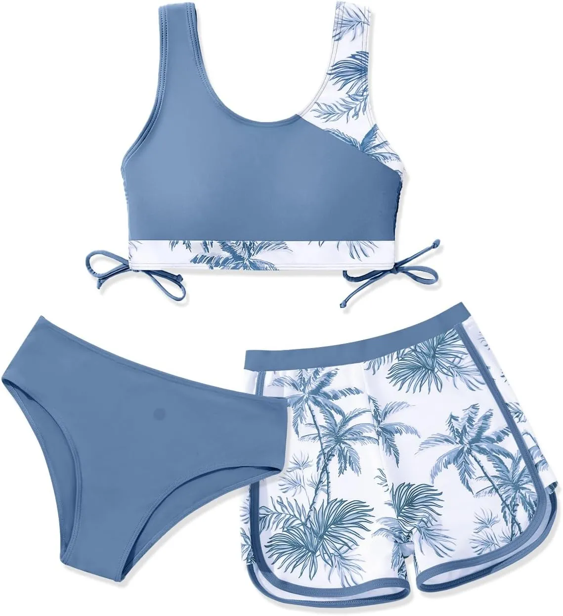 Girl's 3 Piece Bikini Bathing Suit Printed Sport Swimsuits with Shorts Cove Up Sets Teen Girl's Swimwear