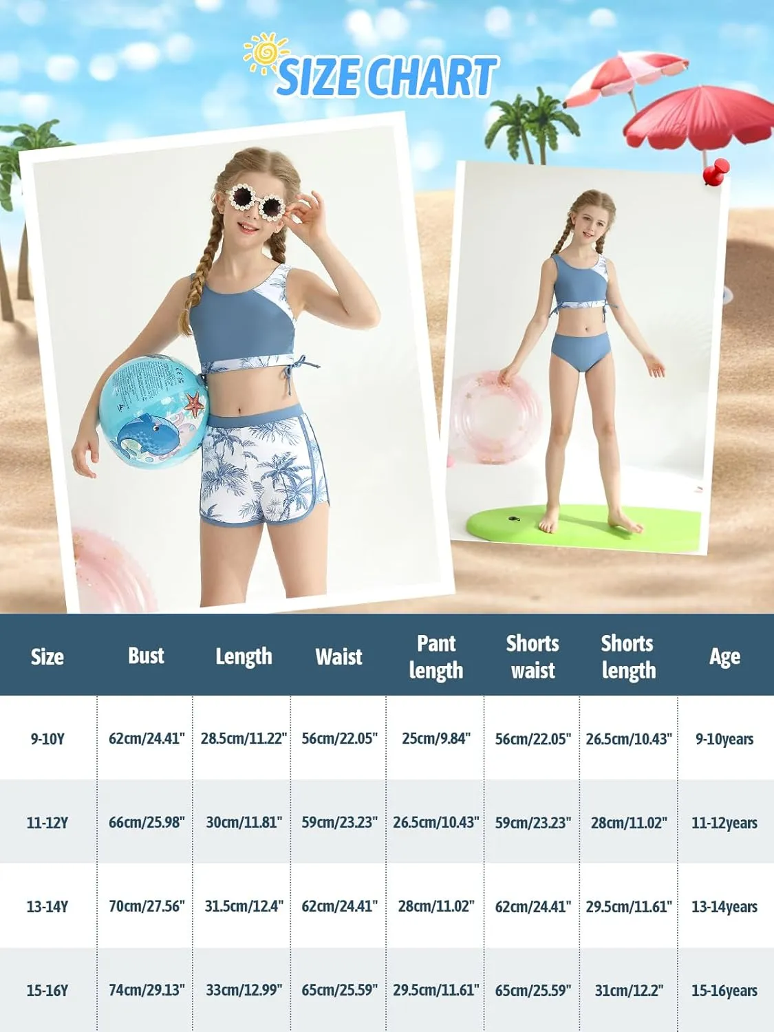 Girl's 3 Piece Bikini Bathing Suit Printed Sport Swimsuits with Shorts Cove Up Sets Teen Girl's Swimwear