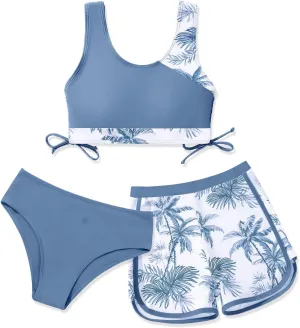 Girl's 3 Piece Bikini Bathing Suit Printed Sport Swimsuits with Shorts Cove Up Sets Teen Girl's Swimwear