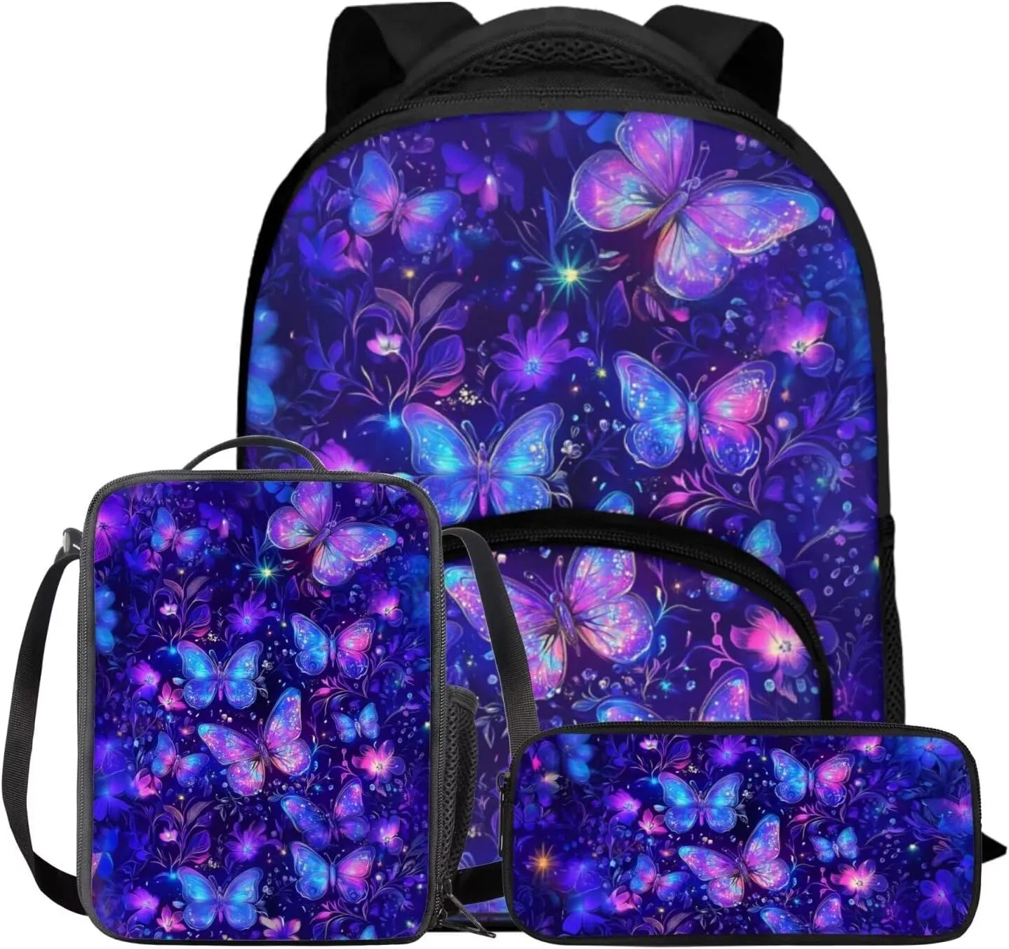GlkyslehksButterfly Backpack for Girls 4-6 Purple Set of 3 Portable Insulated Lunch Bag with Inner Elastic Band Lightweight Bookbag with Breathable Shoulder Straps for Kindergarten