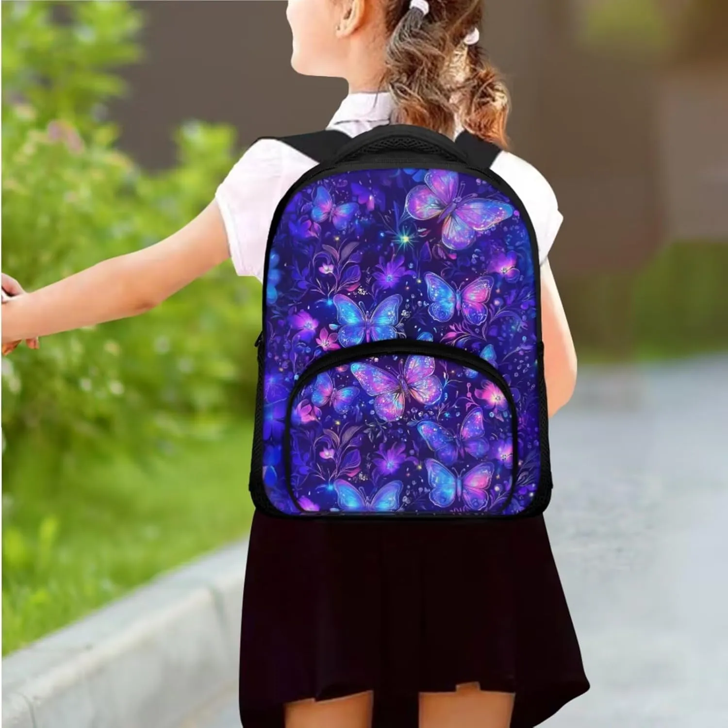 GlkyslehksButterfly Backpack for Girls 4-6 Purple Set of 3 Portable Insulated Lunch Bag with Inner Elastic Band Lightweight Bookbag with Breathable Shoulder Straps for Kindergarten