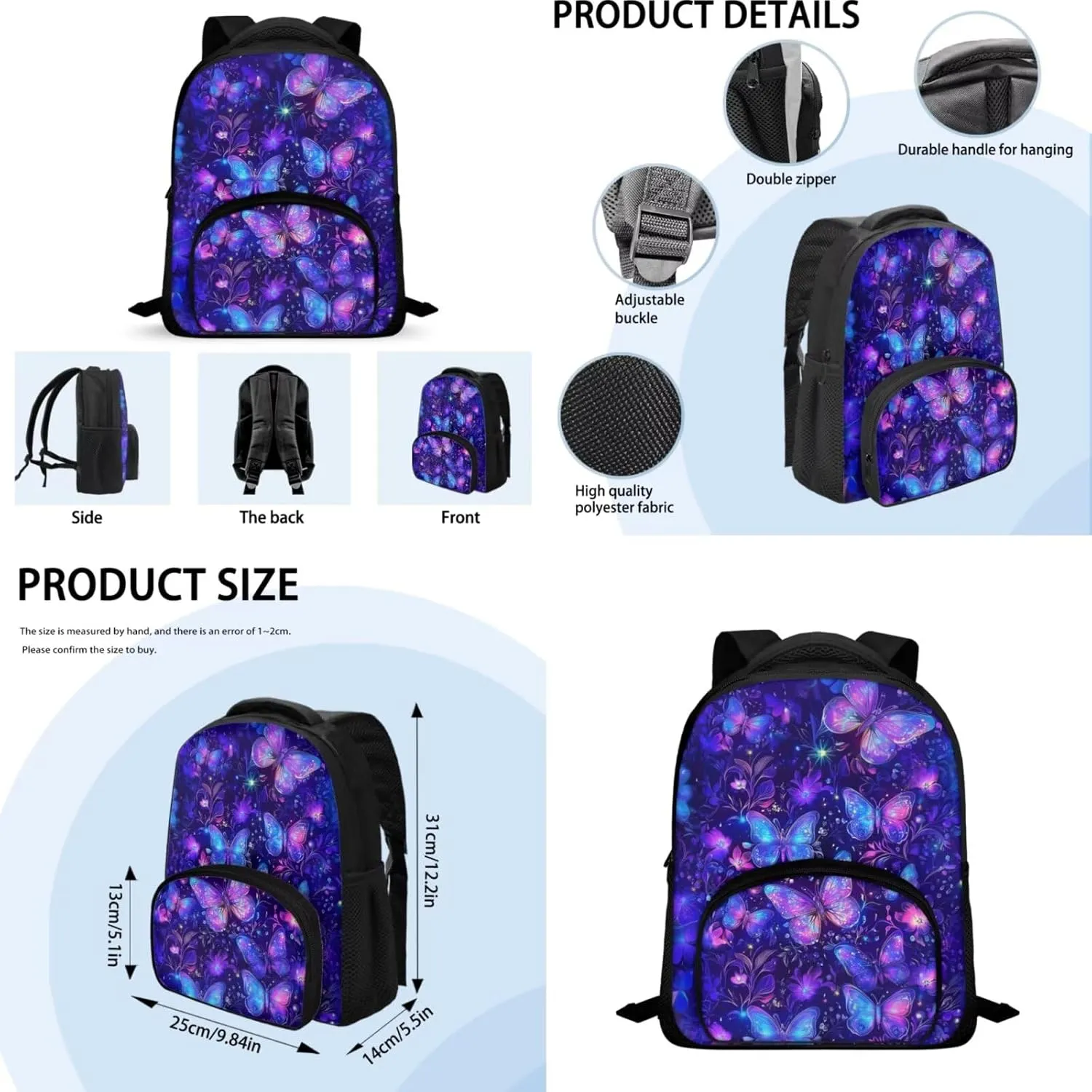 GlkyslehksButterfly Backpack for Girls 4-6 Purple Set of 3 Portable Insulated Lunch Bag with Inner Elastic Band Lightweight Bookbag with Breathable Shoulder Straps for Kindergarten