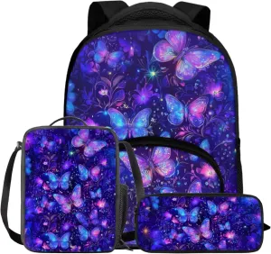 GlkyslehksButterfly Backpack for Girls 4-6 Purple Set of 3 Portable Insulated Lunch Bag with Inner Elastic Band Lightweight Bookbag with Breathable Shoulder Straps for Kindergarten