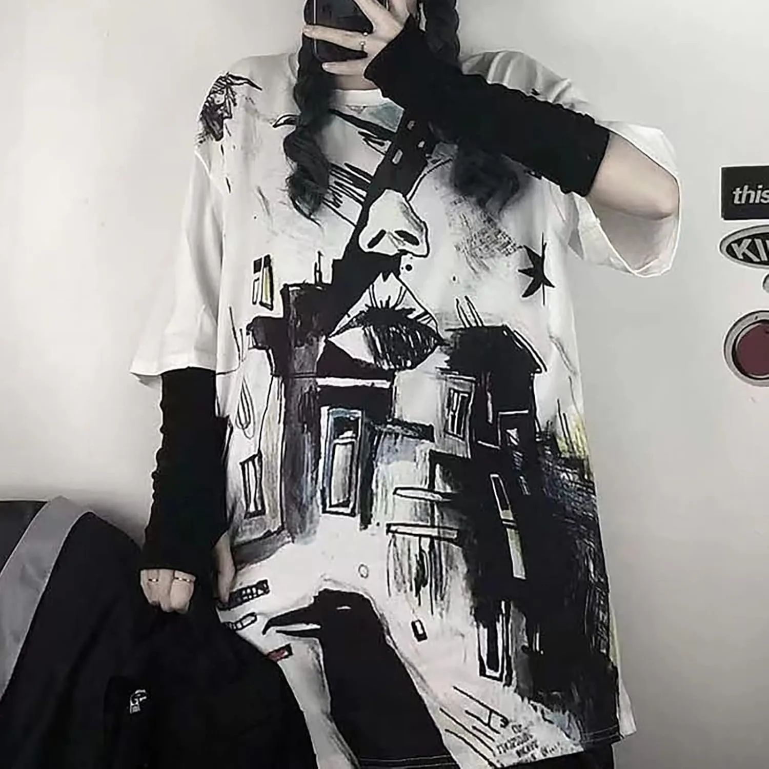 Gothic Oversized Printed T-Shirt Harajuku Street Trend Men and Women's Personality Loose Print Punk Short Sleeve
