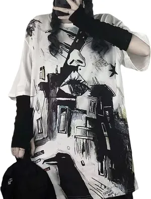 Gothic Oversized Printed T-Shirt Harajuku Street Trend Men and Women's Personality Loose Print Punk Short Sleeve
