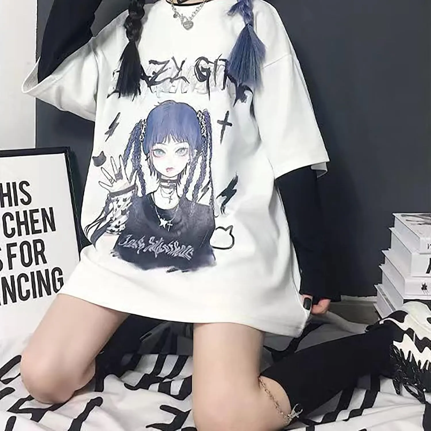 Gothic Oversized Printed T-Shirt Harajuku Street Trend Men and Women's Personality Loose Print Punk Short Sleeve