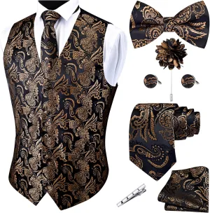 GUSLESON Formal Men Vest Paisley Floral Jacquard Tie Waistcoat Bow tie Hanky Lapel Pin Cufflinks Set Wedding 7PCS