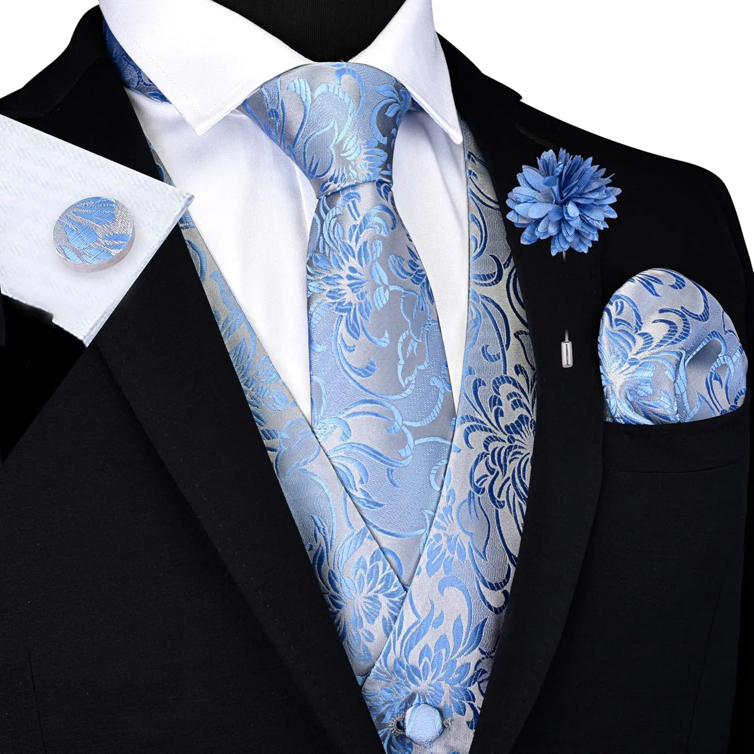 GUSLESON Formal Men Vest Paisley Floral Jacquard Tie Waistcoat Bow tie Hanky Lapel Pin Cufflinks Set Wedding 7PCS