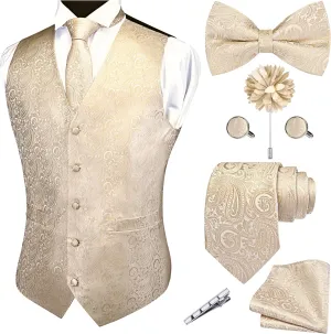 GUSLESON Formal Men Vest Paisley Floral Jacquard Tie Waistcoat Bow tie Hanky Lapel Pin Cufflinks Set Wedding 7PCS