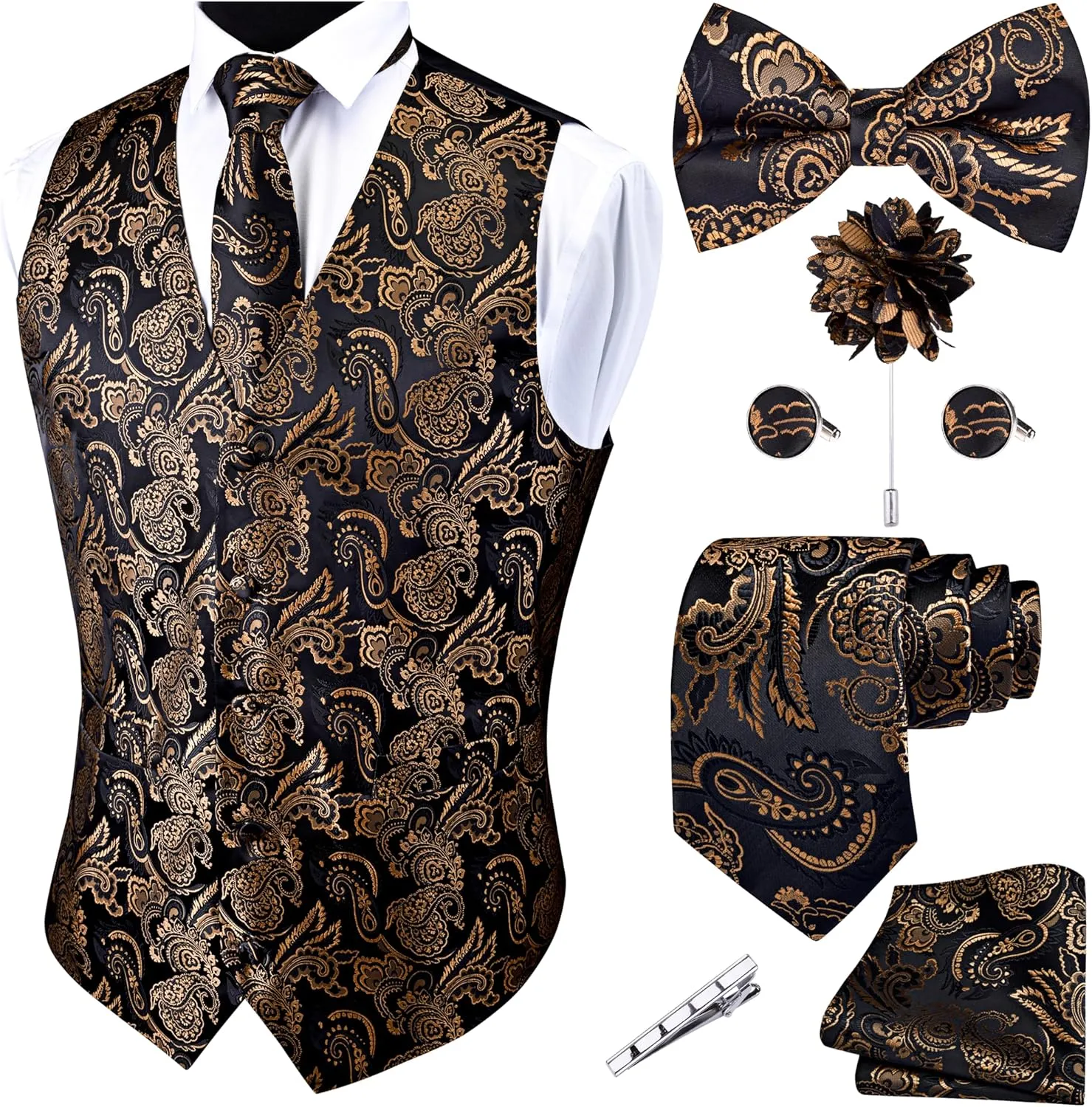 GUSLESON Formal Men Vest Paisley Floral Jacquard Tie Waistcoat Bow tie Hanky Lapel Pin Cufflinks Set Wedding 7PCS