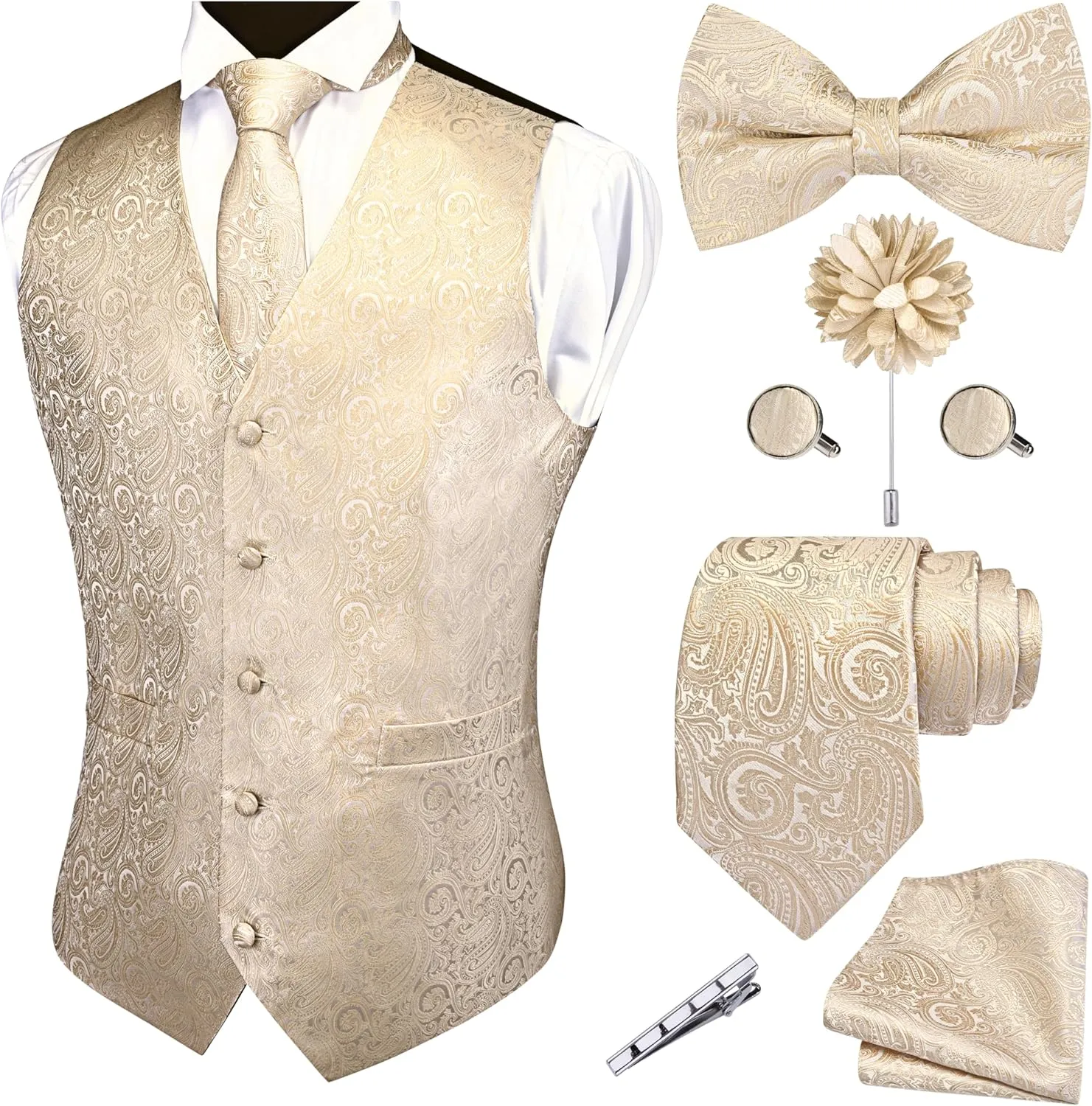 GUSLESON Formal Men Vest Paisley Floral Jacquard Tie Waistcoat Bow tie Hanky Lapel Pin Cufflinks Set Wedding 7PCS