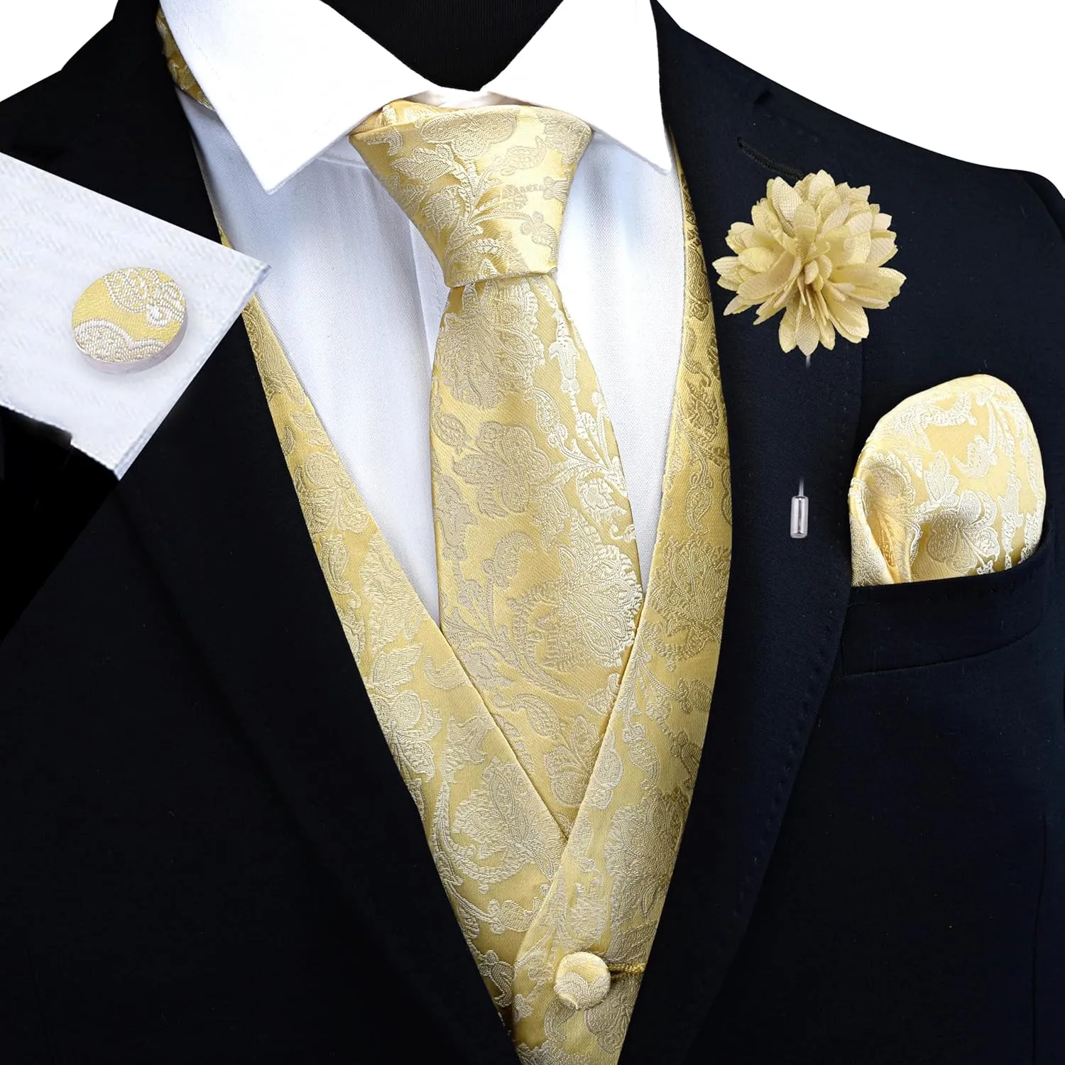 GUSLESON Formal Men Vest Paisley Floral Jacquard Tie Waistcoat Bow tie Hanky Lapel Pin Cufflinks Set Wedding 7PCS