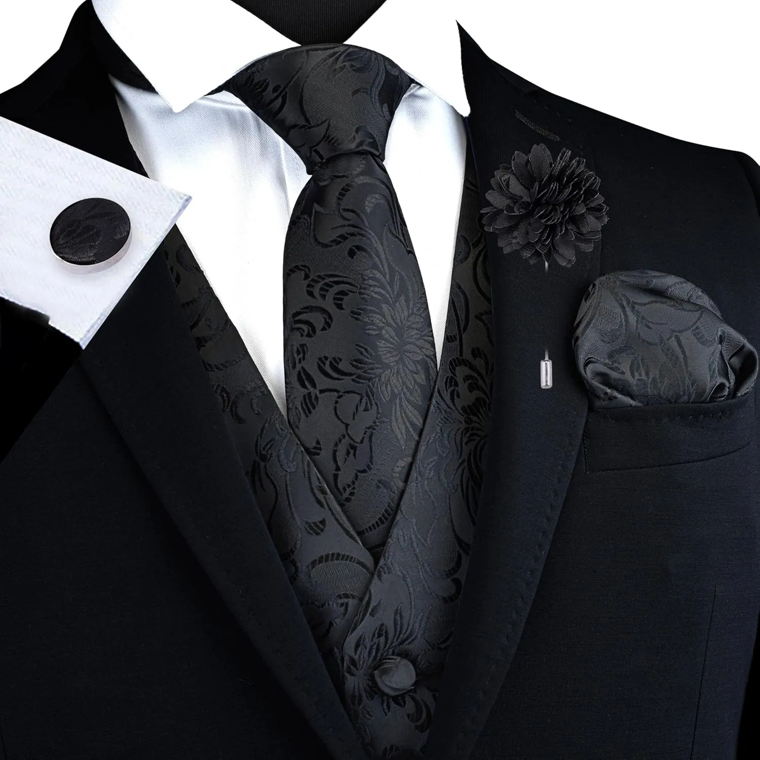 GUSLESON Formal Men Vest Paisley Floral Jacquard Tie Waistcoat Bow tie Hanky Lapel Pin Cufflinks Set Wedding 7PCS