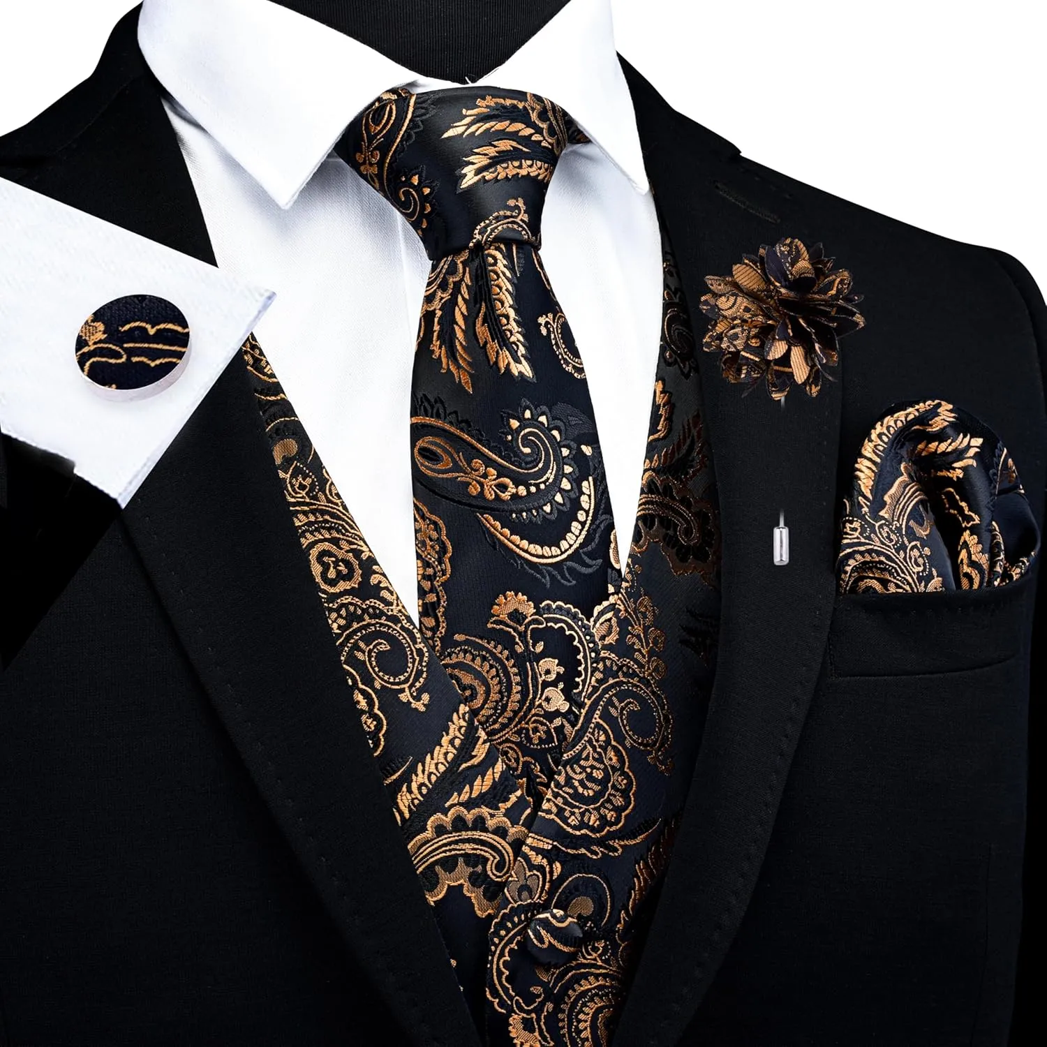 GUSLESON Formal Men Vest Paisley Floral Jacquard Tie Waistcoat Bow tie Hanky Lapel Pin Cufflinks Set Wedding 7PCS