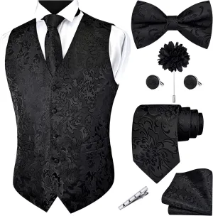 GUSLESON Formal Men Vest Paisley Floral Jacquard Tie Waistcoat Bow tie Hanky Lapel Pin Cufflinks Set Wedding 7PCS
