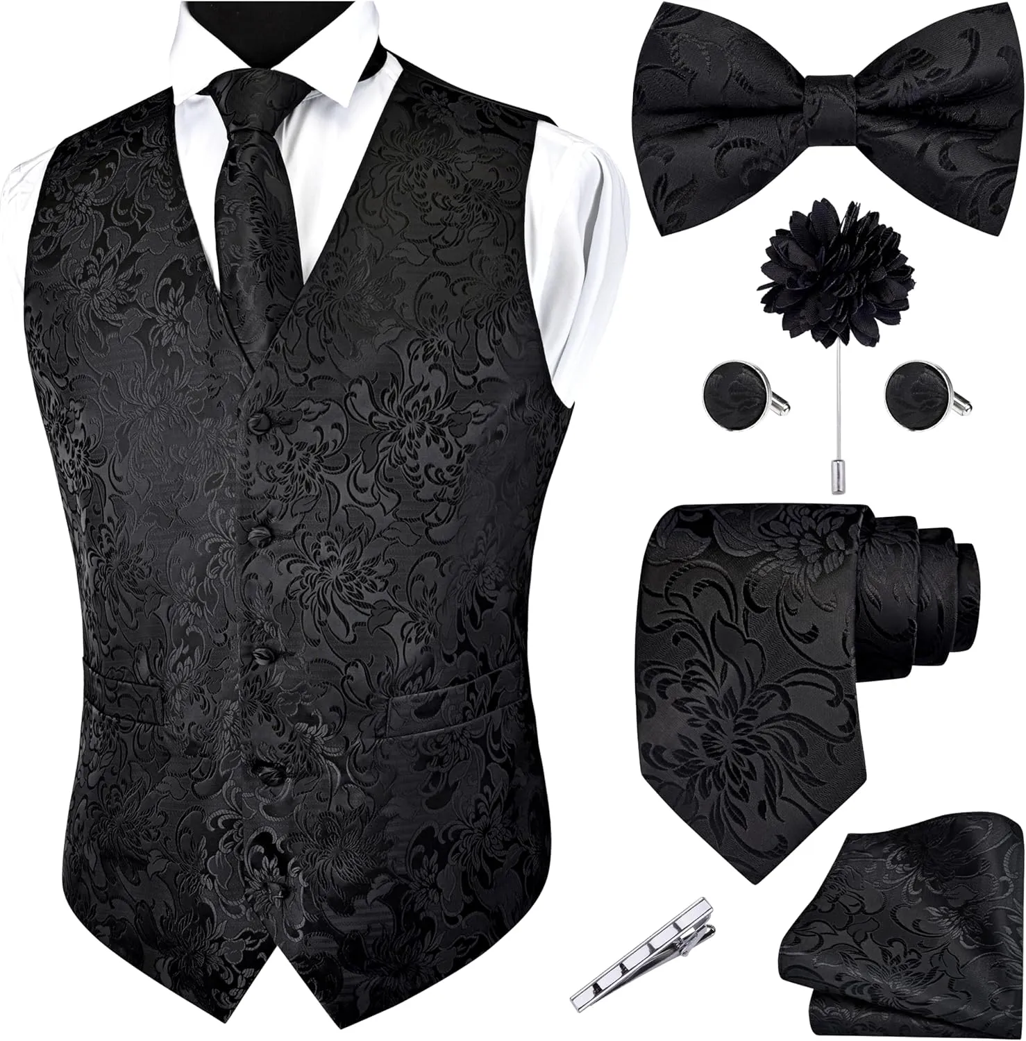 GUSLESON Formal Men Vest Paisley Floral Jacquard Tie Waistcoat Bow tie Hanky Lapel Pin Cufflinks Set Wedding 7PCS