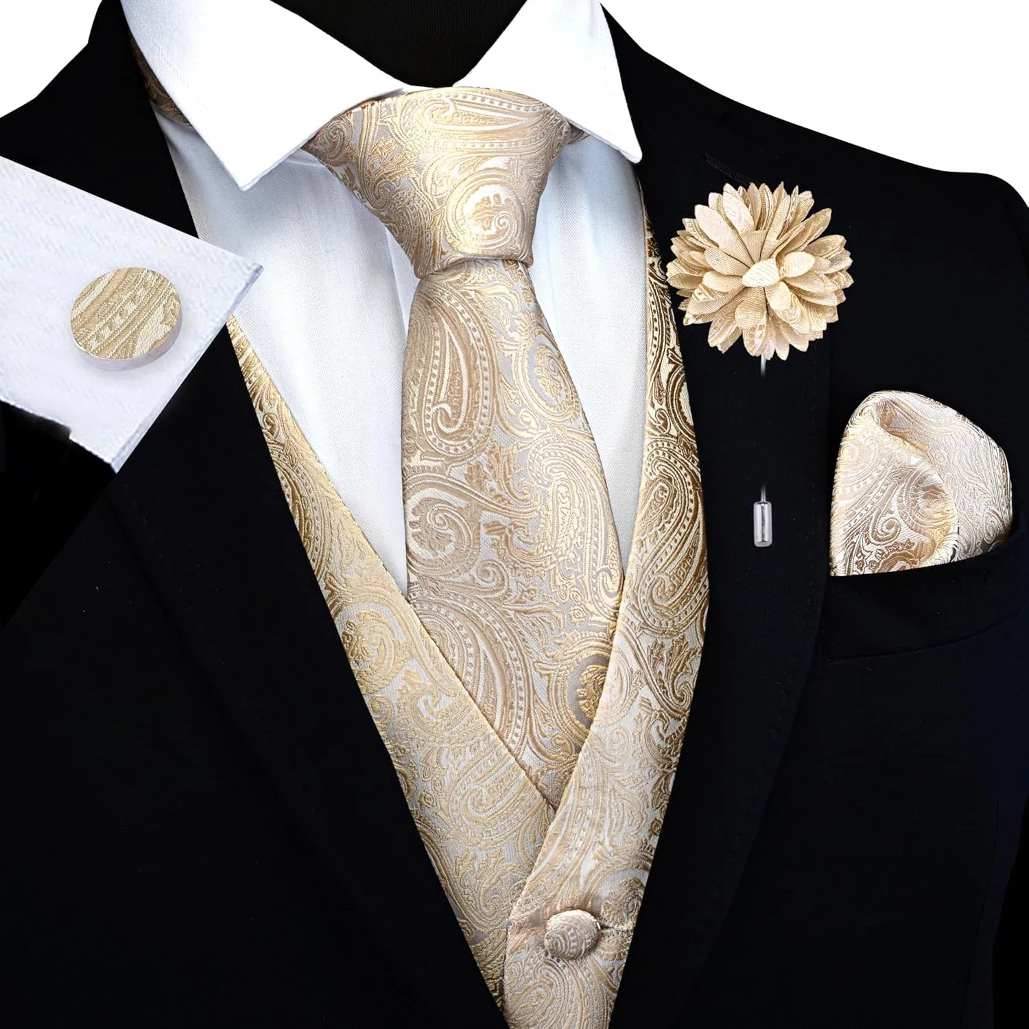 GUSLESON Formal Men Vest Paisley Floral Jacquard Tie Waistcoat Bow tie Hanky Lapel Pin Cufflinks Set Wedding 7PCS