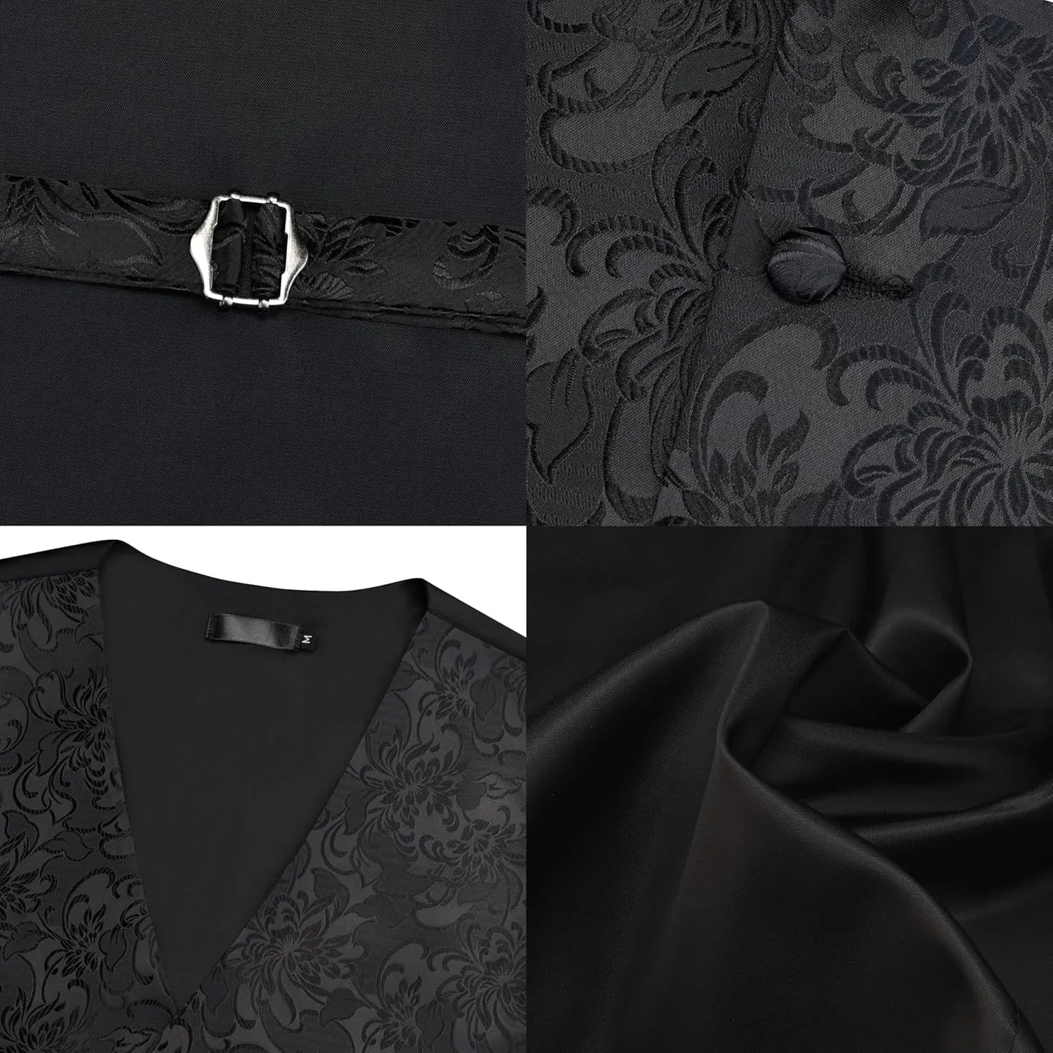 GUSLESON Formal Men Vest Paisley Floral Jacquard Tie Waistcoat Bow tie Hanky Lapel Pin Cufflinks Set Wedding 7PCS