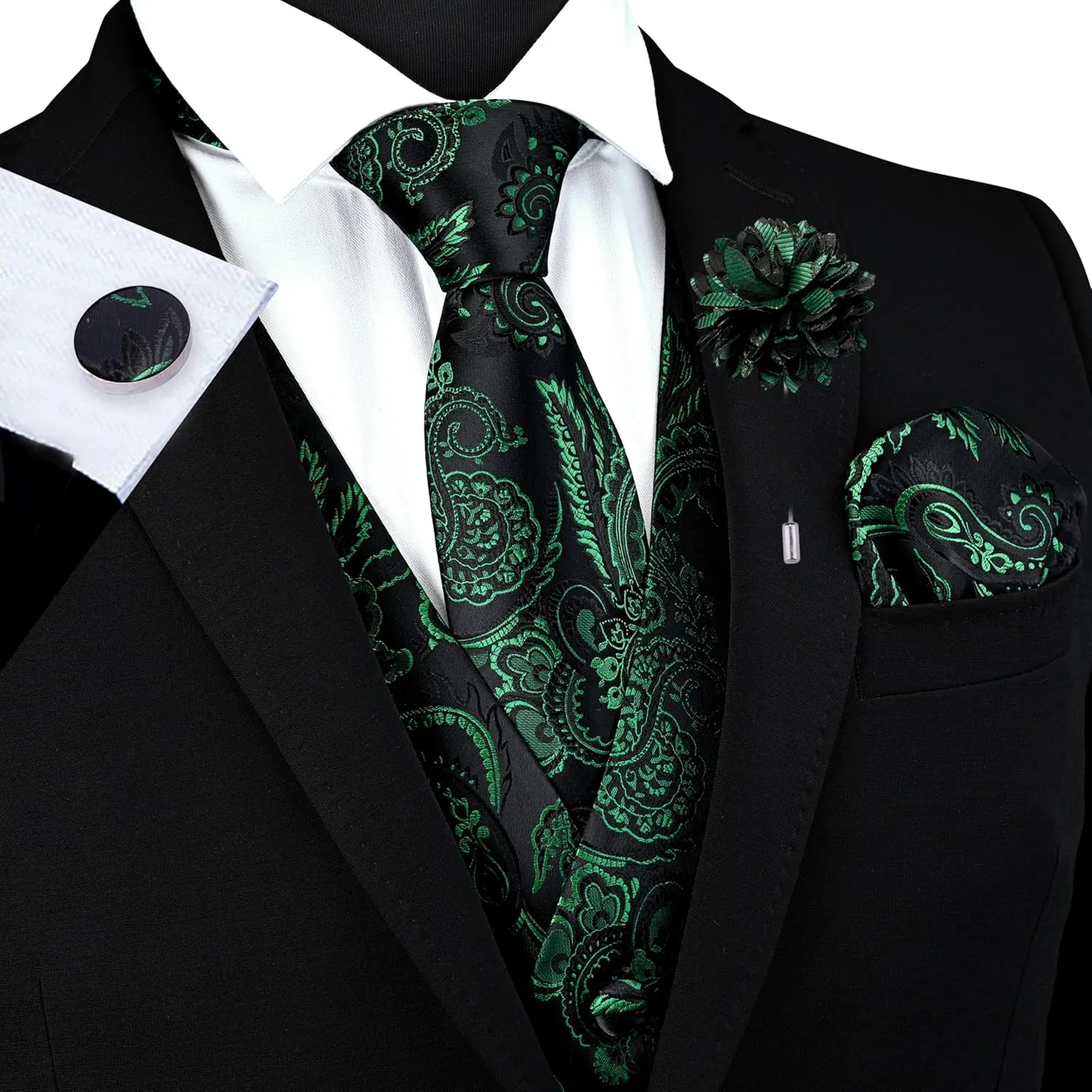 GUSLESON Formal Men Vest Paisley Floral Jacquard Tie Waistcoat Bow tie Hanky Lapel Pin Cufflinks Set Wedding 7PCS