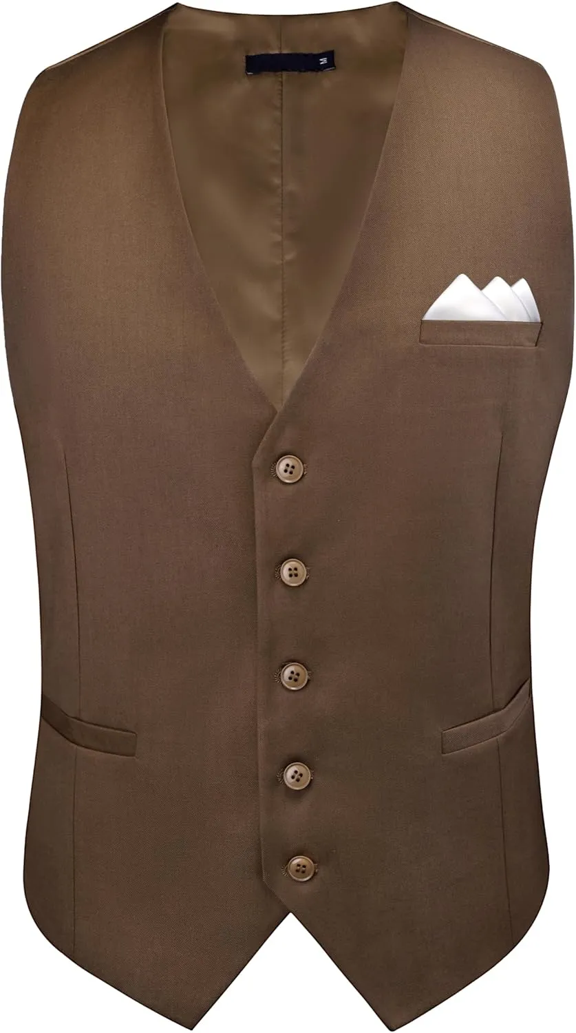 GUSLESON Men's Suit Vest and Pocket Square Set Business Formal Dress Waistcoat Vest with 3 Pockets