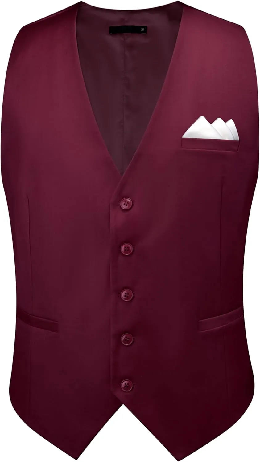 GUSLESON Men's Suit Vest and Pocket Square Set Business Formal Dress Waistcoat Vest with 3 Pockets