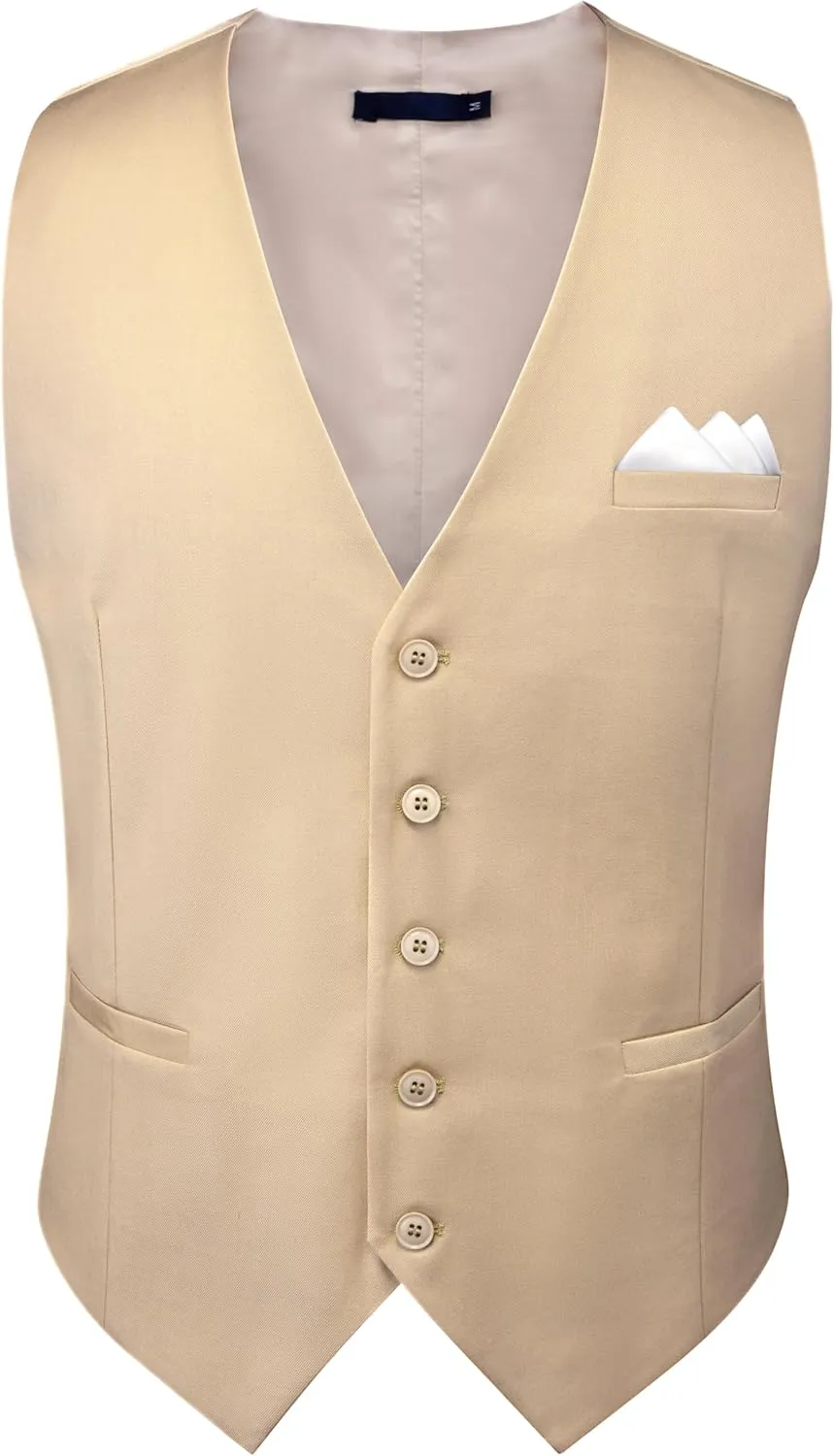 GUSLESON Men's Suit Vest and Pocket Square Set Business Formal Dress Waistcoat Vest with 3 Pockets
