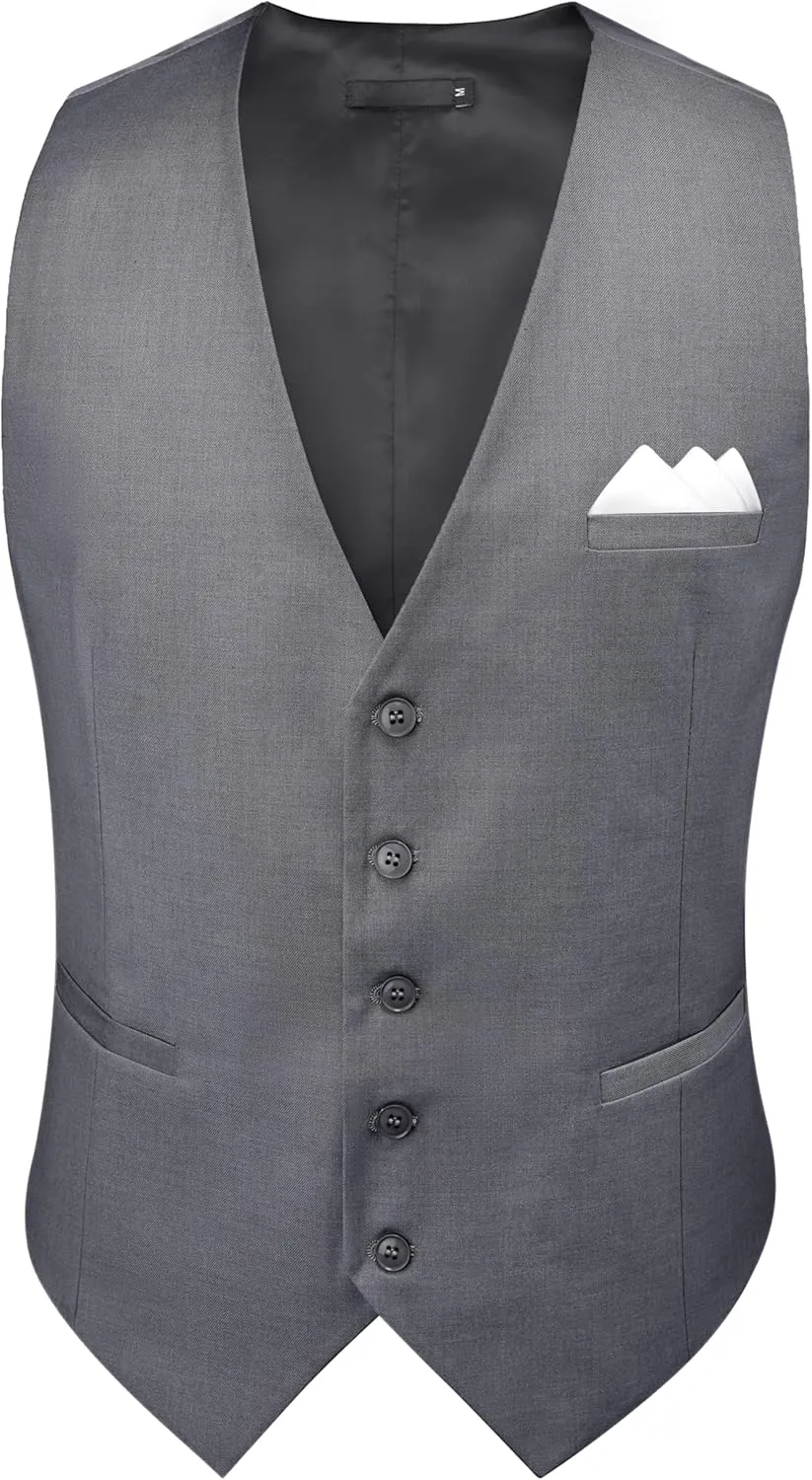 GUSLESON Men's Suit Vest and Pocket Square Set Business Formal Dress Waistcoat Vest with 3 Pockets