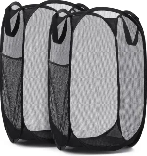 Handy Laundry Collapsible Mesh Pop Up Hamper with Wide Opening and Side Pocket  Breathable, Sturdy, Foldable, and Space-Saving Design for Clothes and Storage. (Black | 2-Pack)