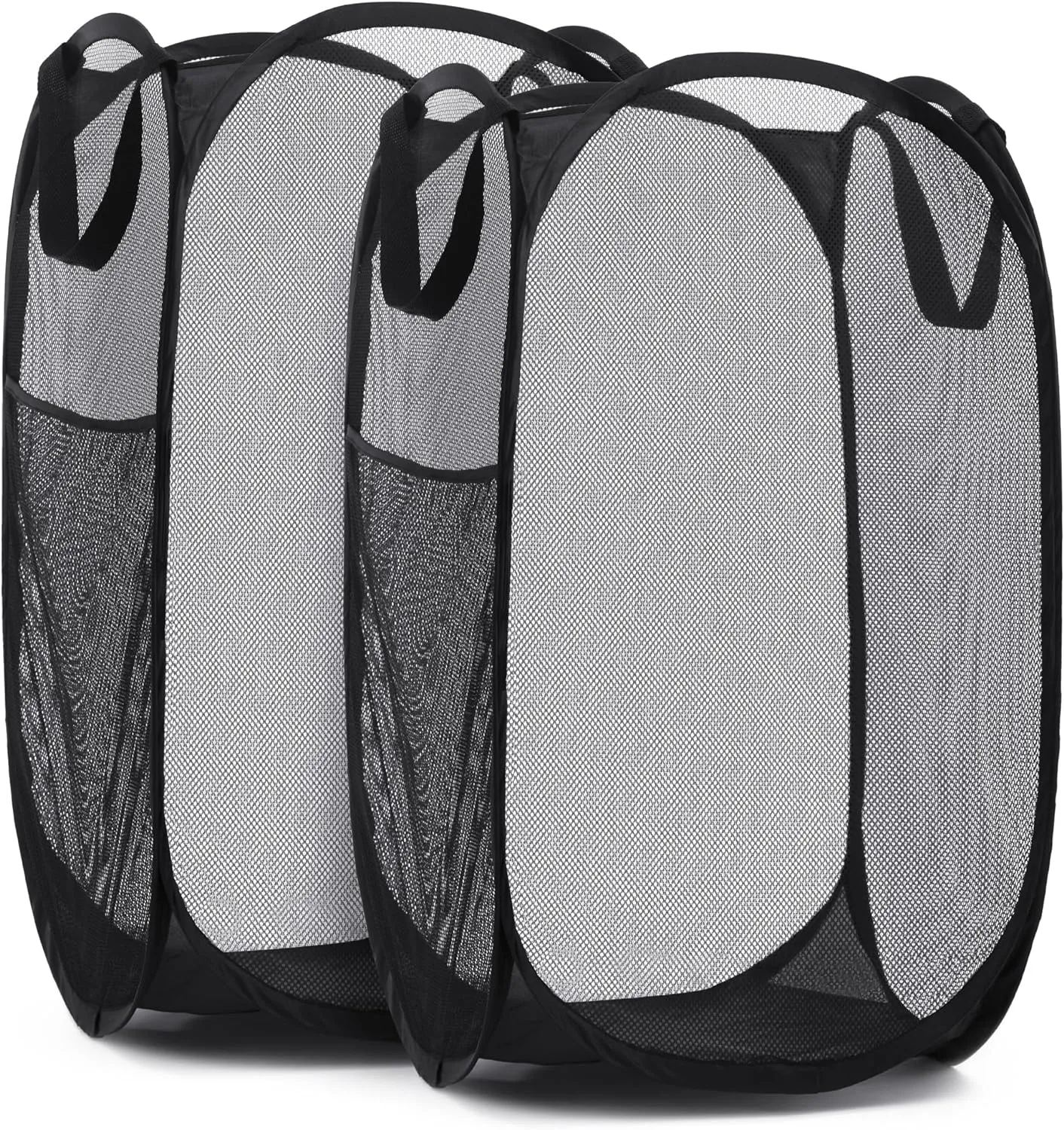 Handy Laundry Collapsible Mesh Pop Up Hamper with Wide Opening and Side Pocket  Breathable, Sturdy, Foldable, and Space-Saving Design for Clothes and Storage. (Black | 2-Pack)