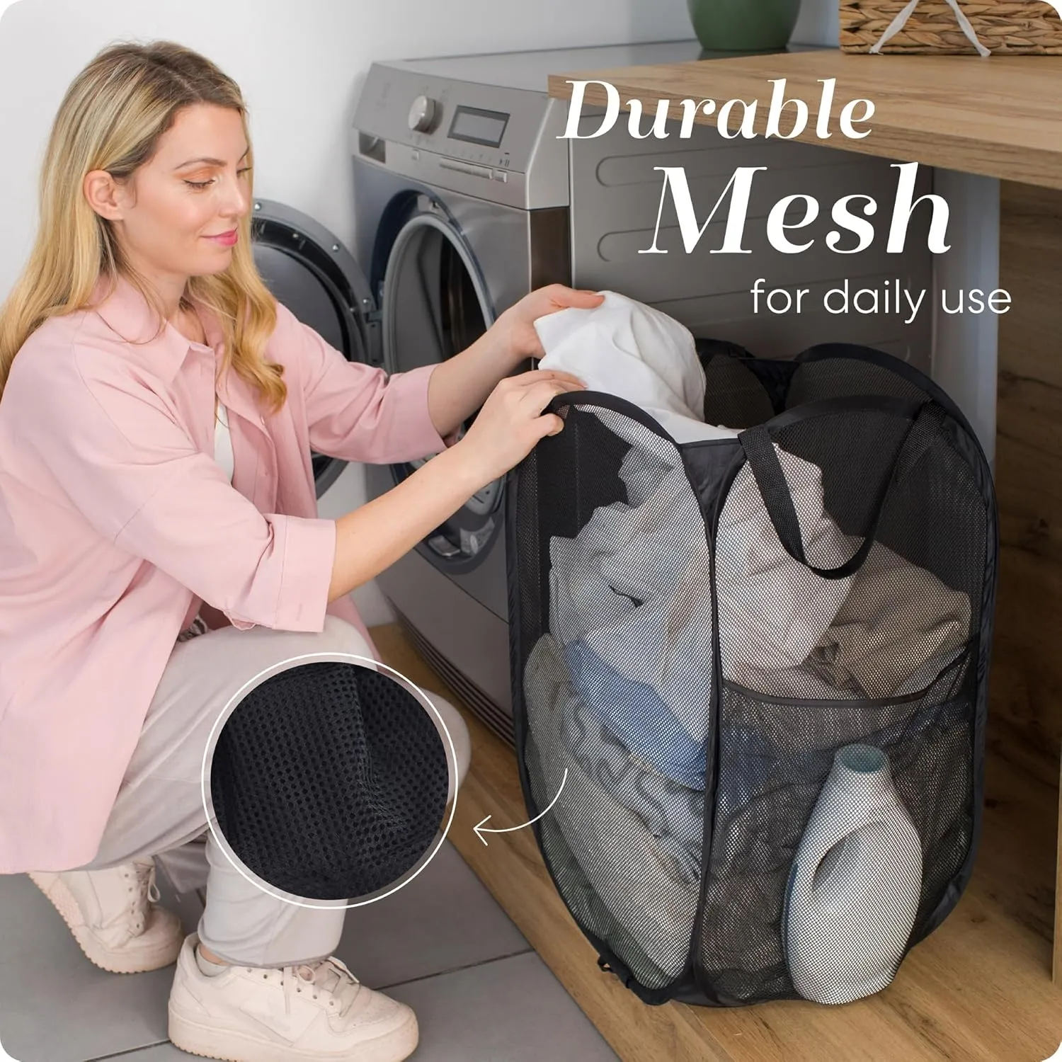 Handy Laundry Collapsible Mesh Pop Up Hamper with Wide Opening and Side Pocket  Breathable, Sturdy, Foldable, and Space-Saving Design for Clothes and Storage. (Black | 2-Pack)